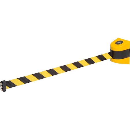 Global Industrial Magnetic Retractable Belt Barrier, Black Case W/ 30ft Black/Yellow Belt 708419YB